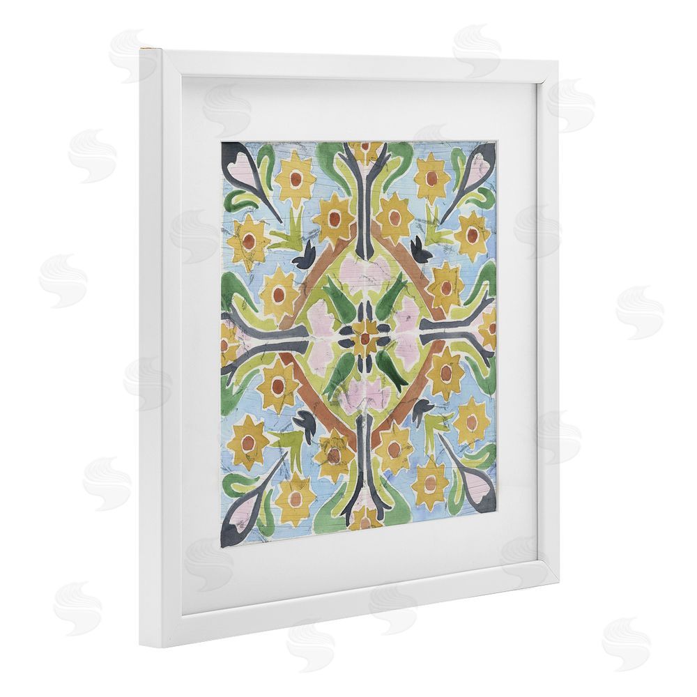 June Erica Vess Balanced Florals Vintage Tile White Framed Print Under Glass Wall Art