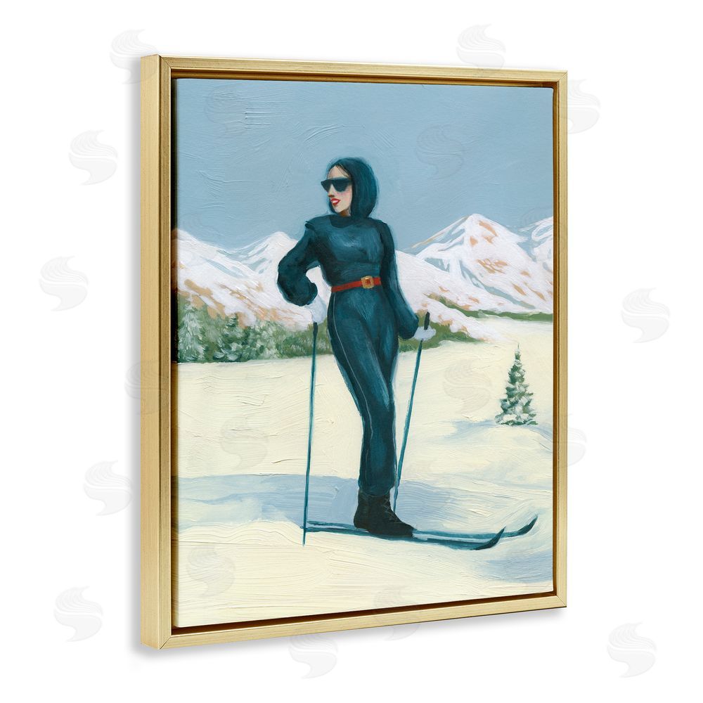 Grace Popp Stylish Skiing Woman Gold Floating Frame Canvas Wall Art Print