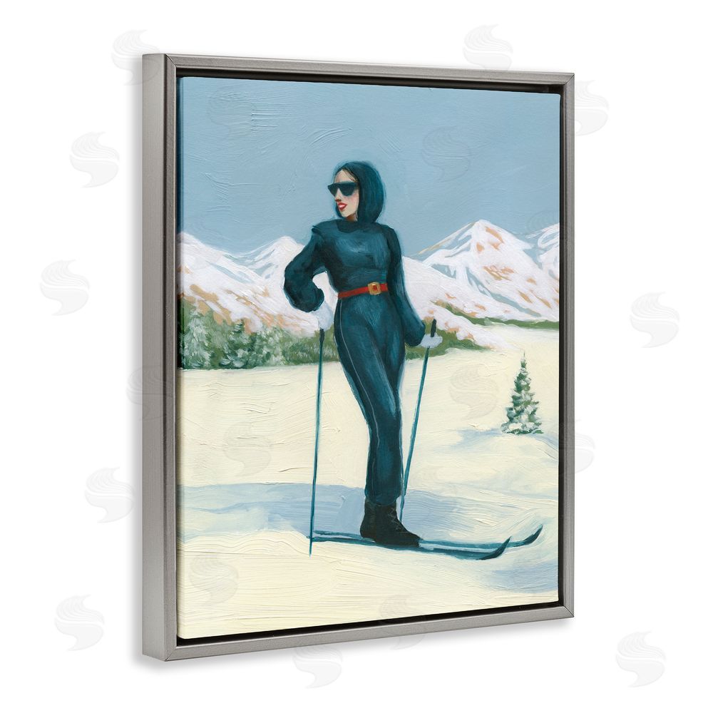 Grace Popp Stylish Skiing Woman Gray Floating Frame Canvas Wall Art Print