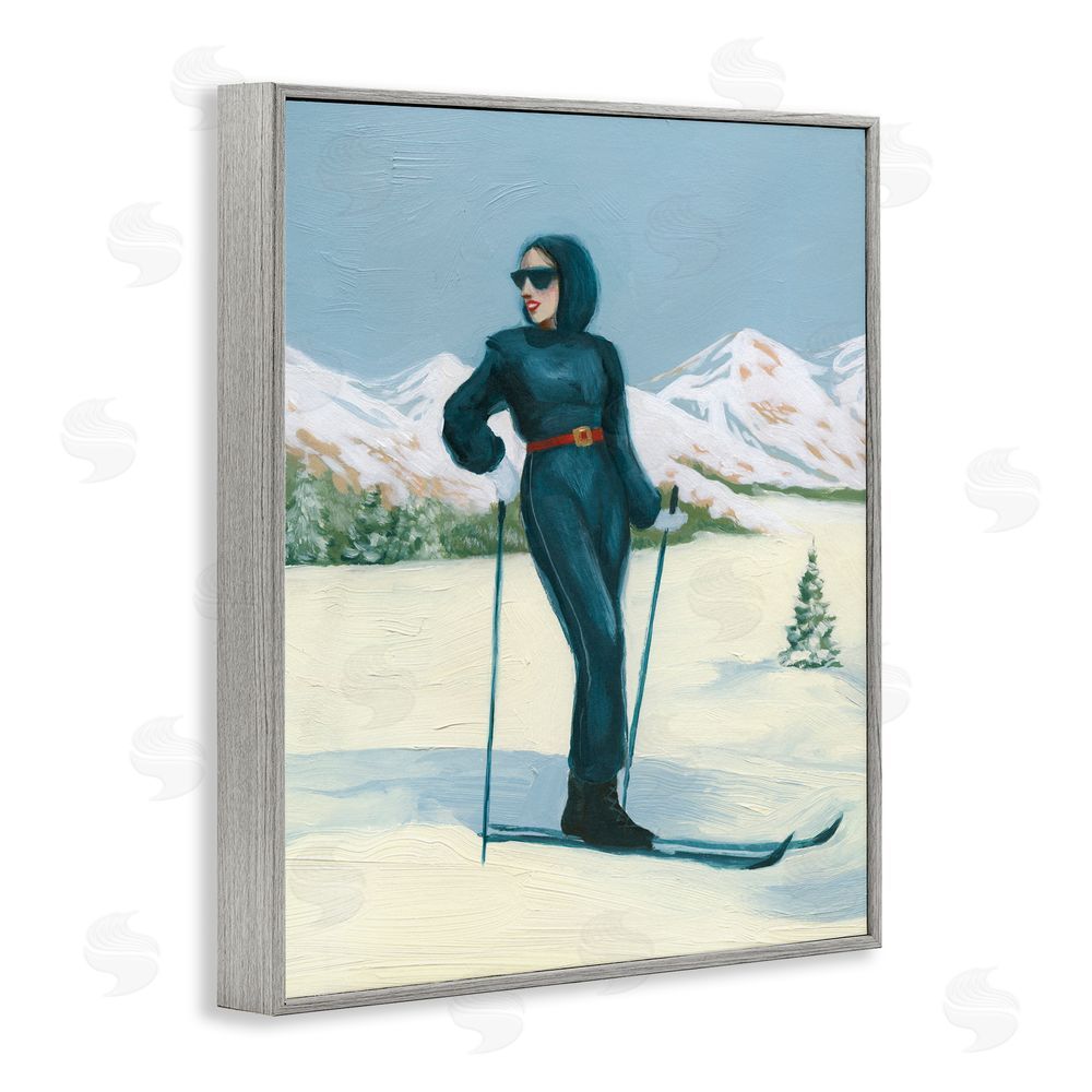 Grace Popp Stylish Skiing Woman Gray Framed Giclee Wall Art Print