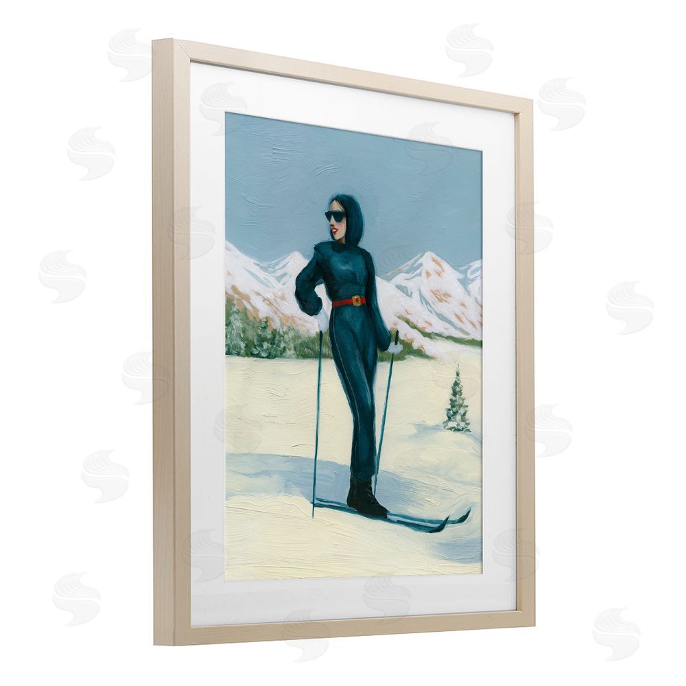 Grace Popp Stylish Skiing Woman Birch Framed Print Under Glass with White Mat Wall Art