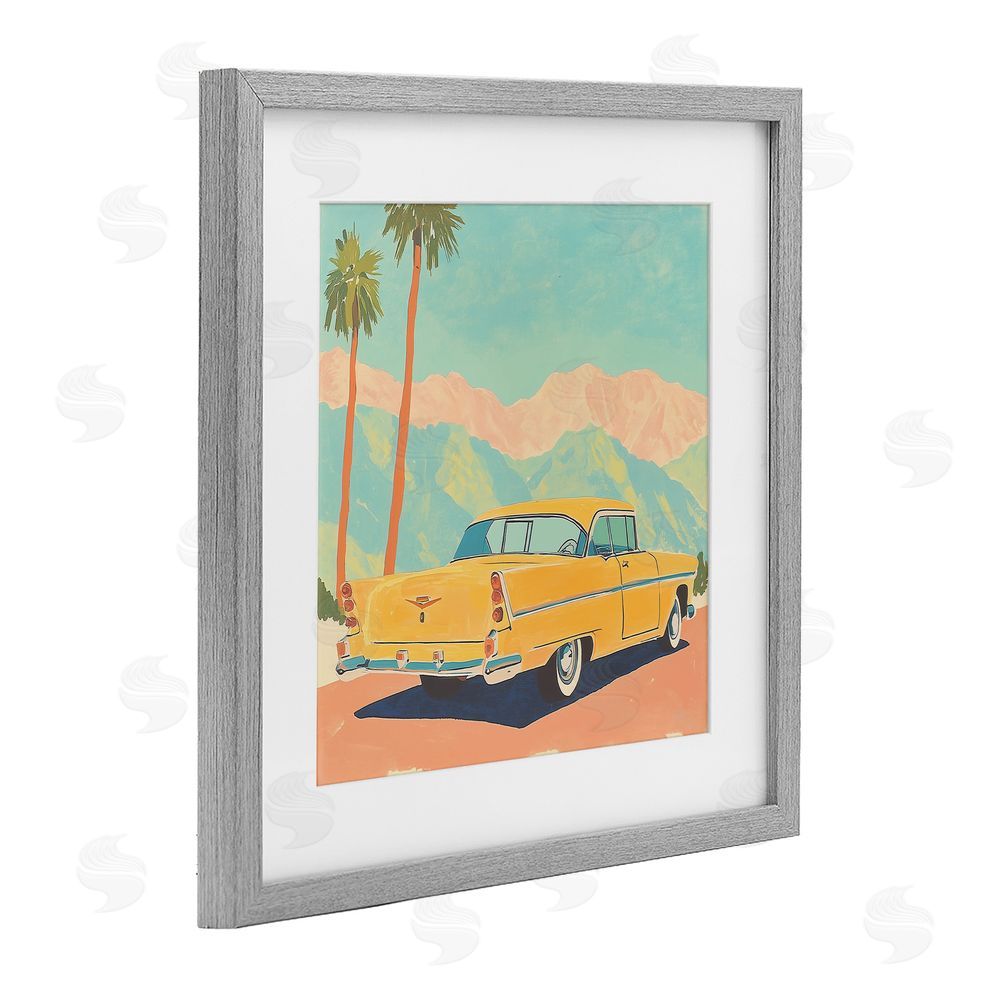 Walker Noble Classic Yellow Coupe & Palm Trees Gray Framed Print Under Glass Wall Art