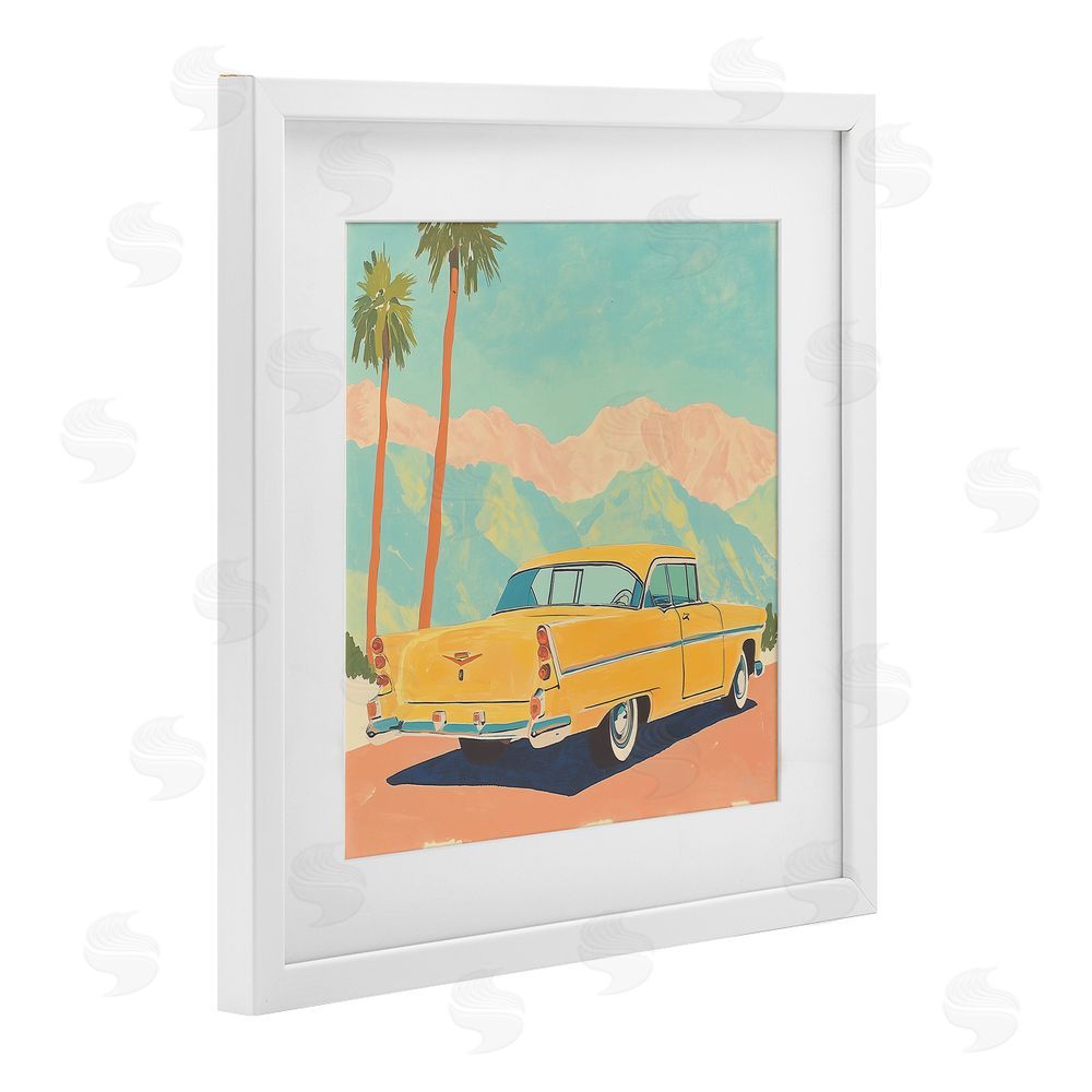Walker Noble Classic Yellow Coupe & Palm Trees White Framed Print Under Glass Wall Art