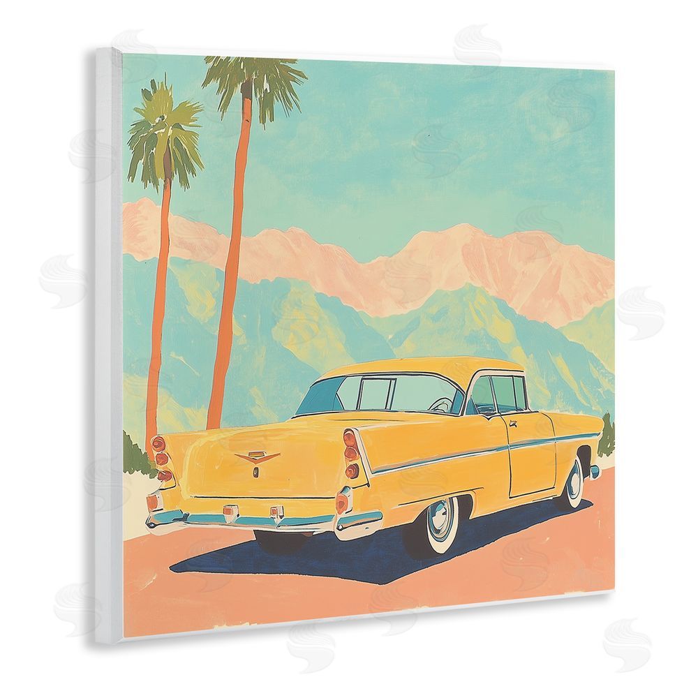 Walker Noble Classic Yellow Coupe & Palm Trees Wooden Wall Plaque Art Print