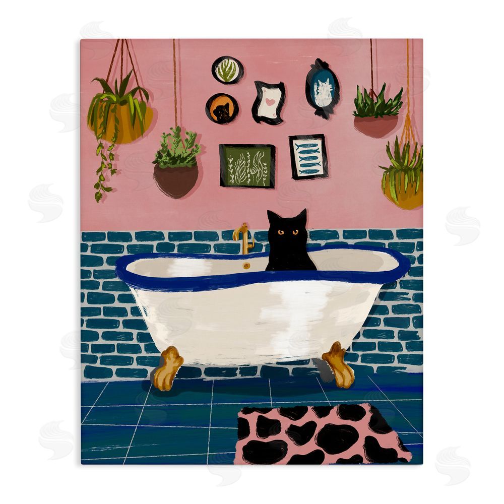 BigBadMullet Black Cat in Eclectic Tub Stretched Canvas Wall Art Print