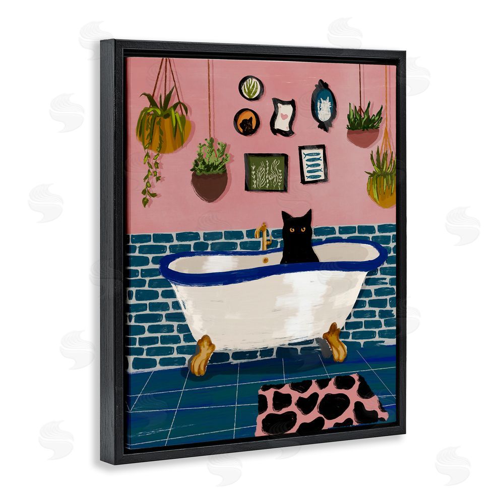 BigBadMullet Black Cat in Eclectic Tub Black Floating Frame Canvas Wall Art Print