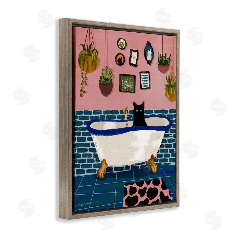 BigBadMullet Black Cat in Eclectic Tub Brown Floating Frame Canvas Wall Art Print