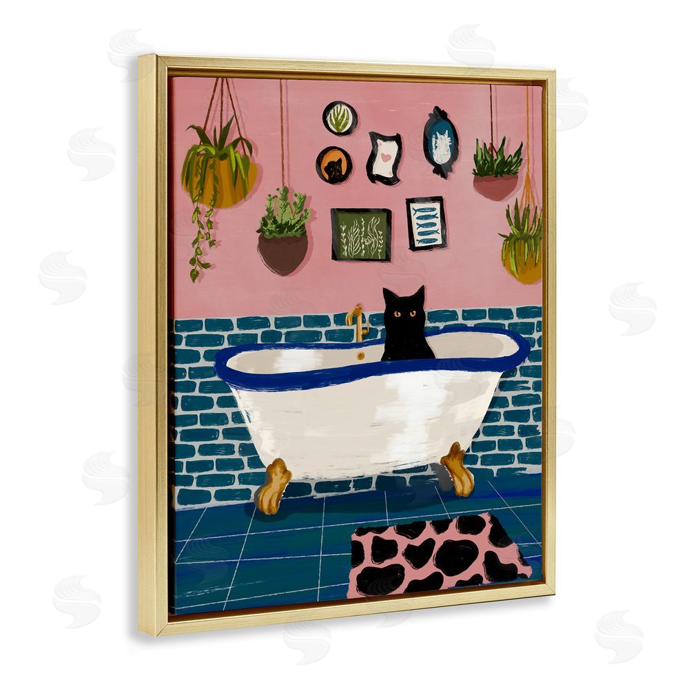 BigBadMullet Black Cat in Eclectic Tub Gold Floating Frame Canvas Wall Art Print