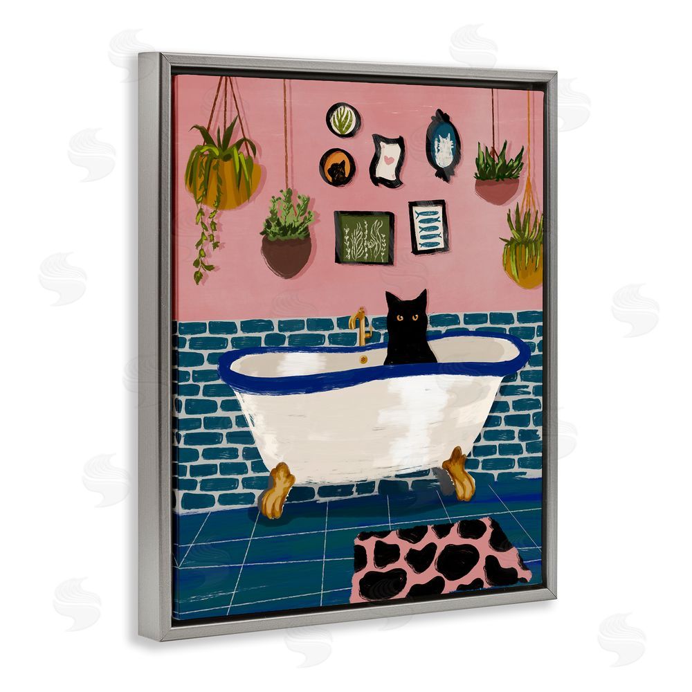 BigBadMullet Black Cat in Eclectic Tub Gray Floating Frame Canvas Wall Art Print
