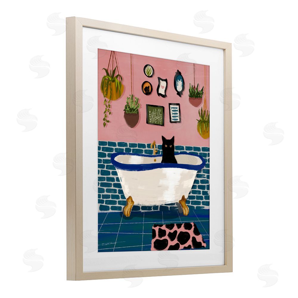 BigBadMullet Black Cat in Eclectic Tub Brown Framed Print Under Glass Wall Art