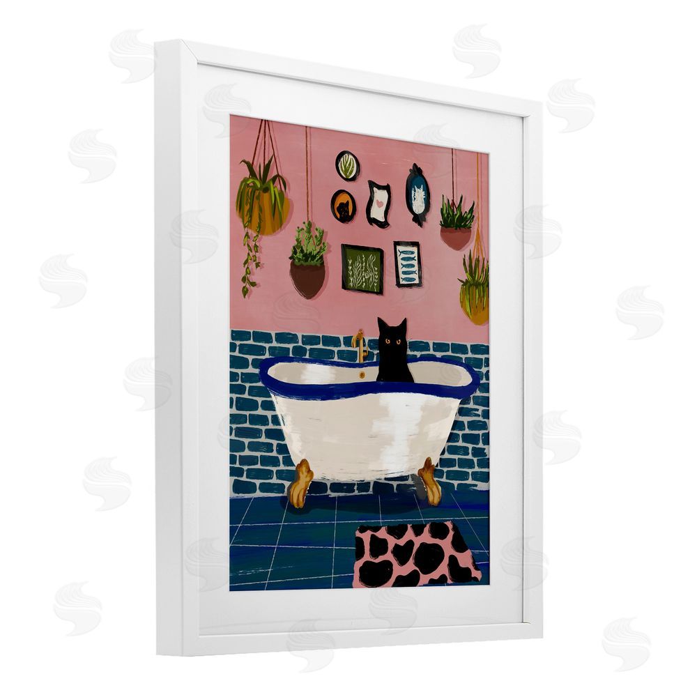BigBadMullet Black Cat in Eclectic Tub White Framed Print Under Glass Wall Art