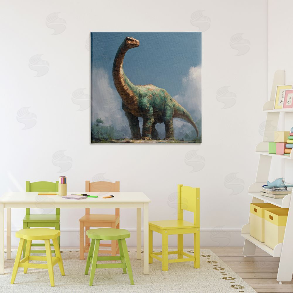 Wumples Colossal Brontosaurus in Meadow Stretched Canvas Wall Art in Room