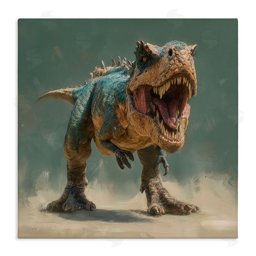 Wumples Roaring T-Rex in Green Stretched Canvas Wall Art Print