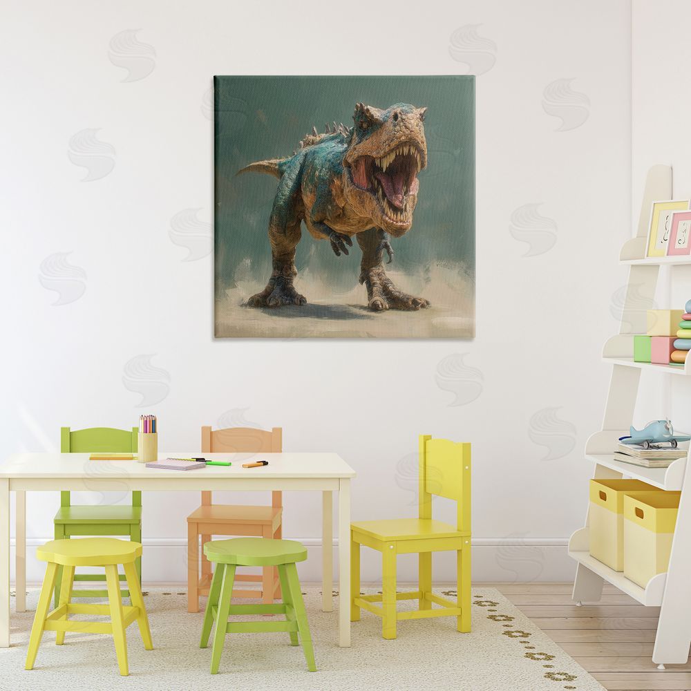 Wumples Roaring T-Rex in Green Stretched Canvas Wall Art in Room