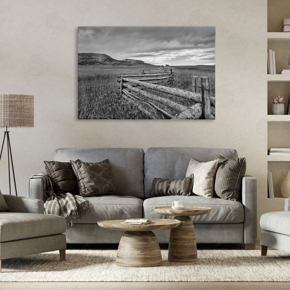 Jon Evan Weathered Fence to Distant Horizon Stretched Canvas Wall Art in Room