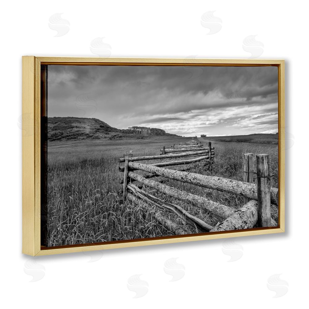 Jon Evan Weathered Fence to Distant Horizon Gold Floating Frame Canvas Wall Art Print
