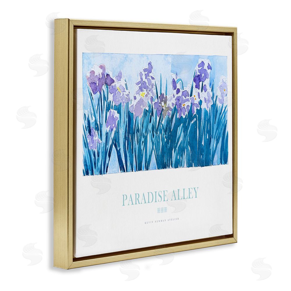 Jadei Graphics Paradise Alley Purple Irises Gold Floating Frame Canvas Wall Art Print
