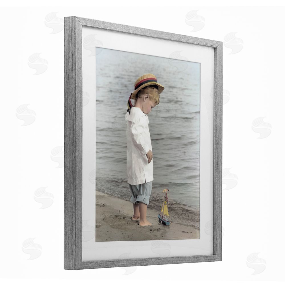 Kendra Dew Child on Beach Shore Gray Framed Print Under Glass Wall Art