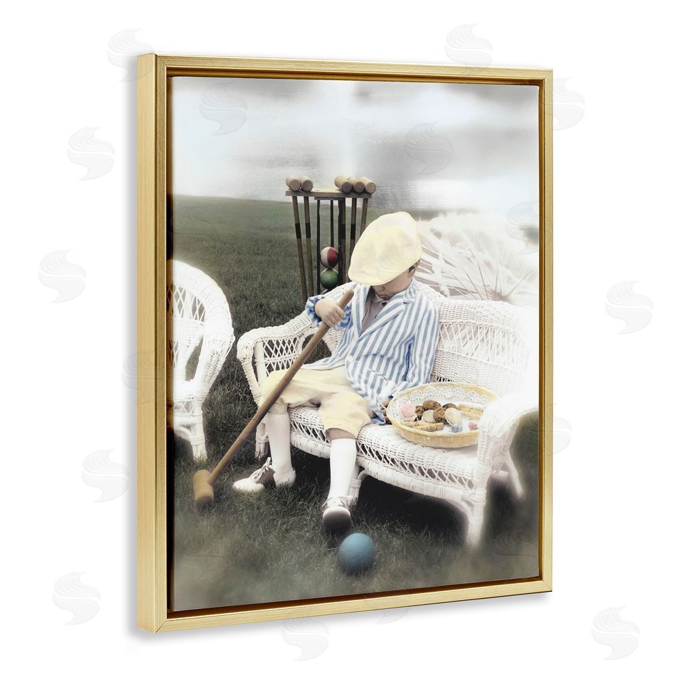 Kendra Dew Child with Croquet Mallet Gold Floating Frame Canvas Wall Art Print