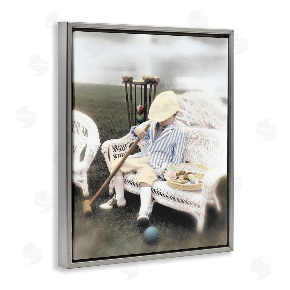 Kendra Dew Child with Croquet Mallet Gray Floating Frame Canvas Wall Art Print