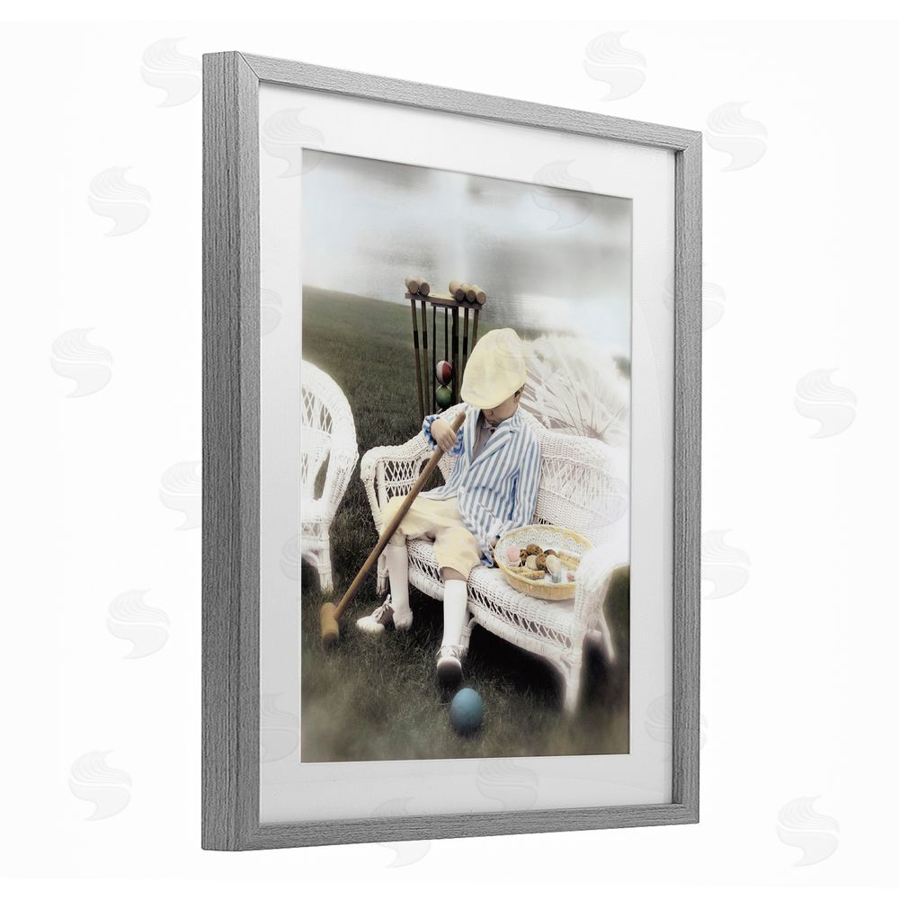 Kendra Dew Child with Croquet Mallet Gray Framed Print Under Glass Wall Art