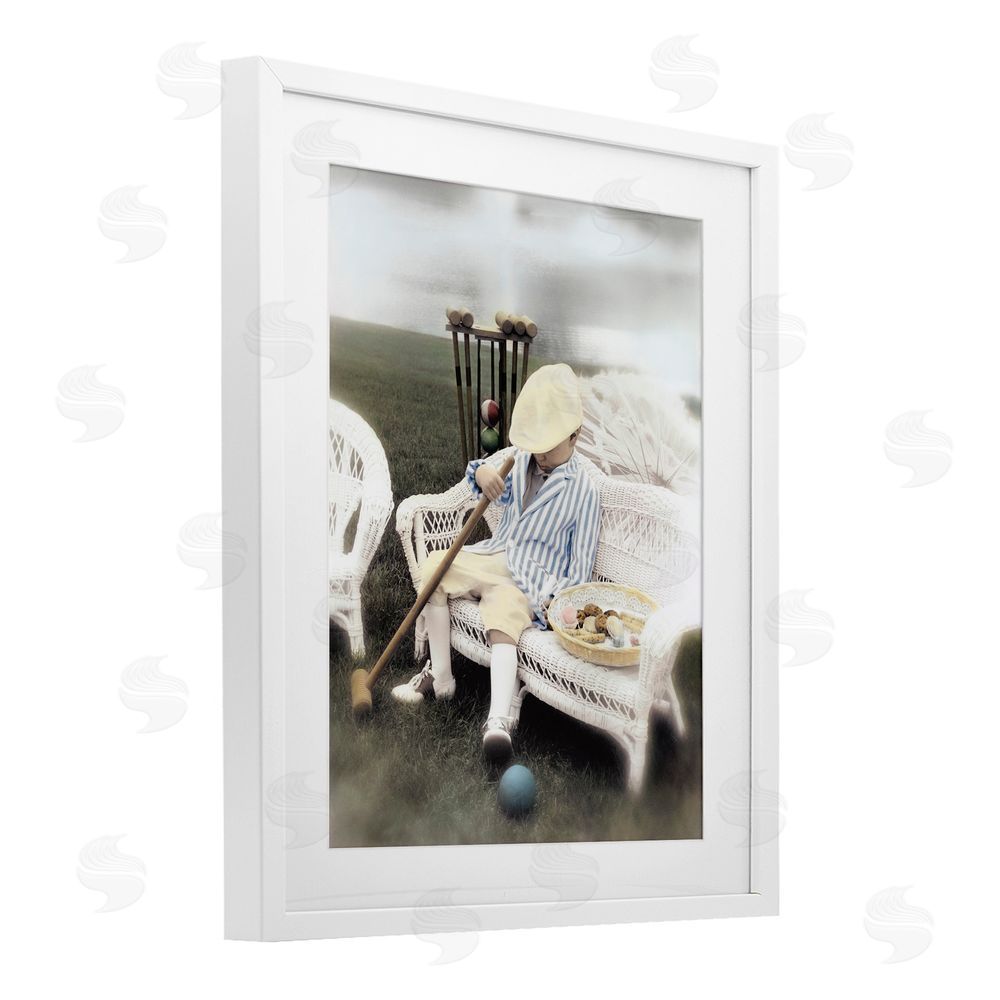 Kendra Dew Child with Croquet Mallet White Framed Print Under Glass Wall Art
