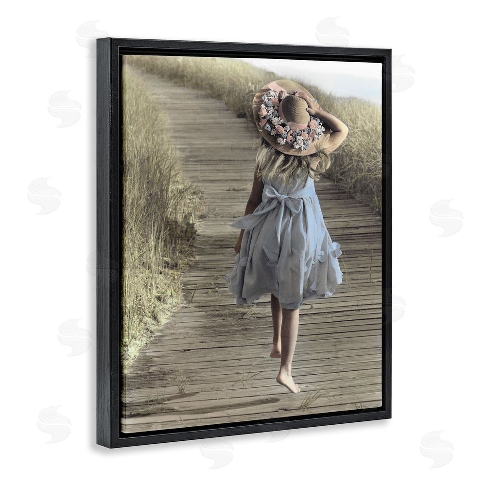 Kendra Dew Girl With Sun Hat Walking Black Floating Frame Canvas Wall Art Print