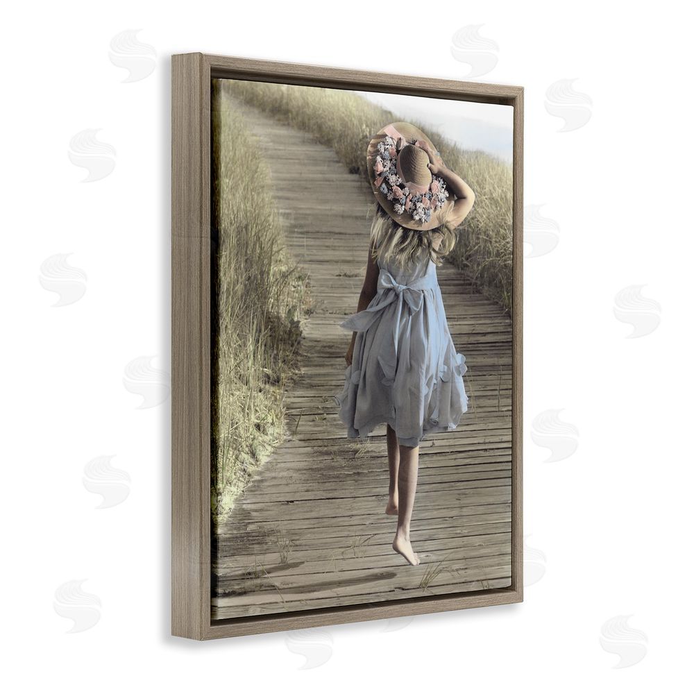 Kendra Dew Girl With Sun Hat Walking Brown Floating Frame Canvas Wall Art Print