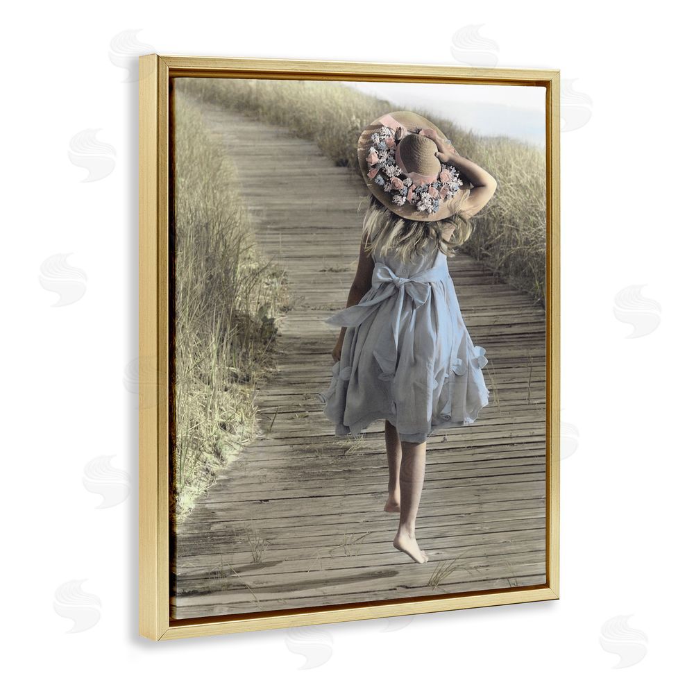 Kendra Dew Girl With Sun Hat Walking Gold Floating Frame Canvas Wall Art Print