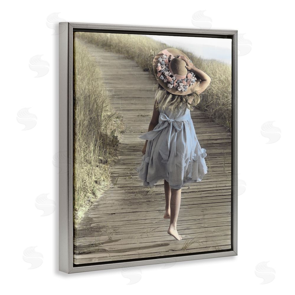 Kendra Dew Girl With Sun Hat Walking Gray Floating Frame Canvas Wall Art Print