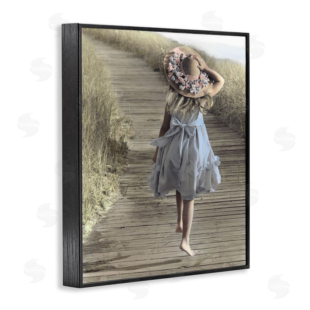 Kendra Dew Girl With Sun Hat Walking Black Framed Giclee Wall Art Print