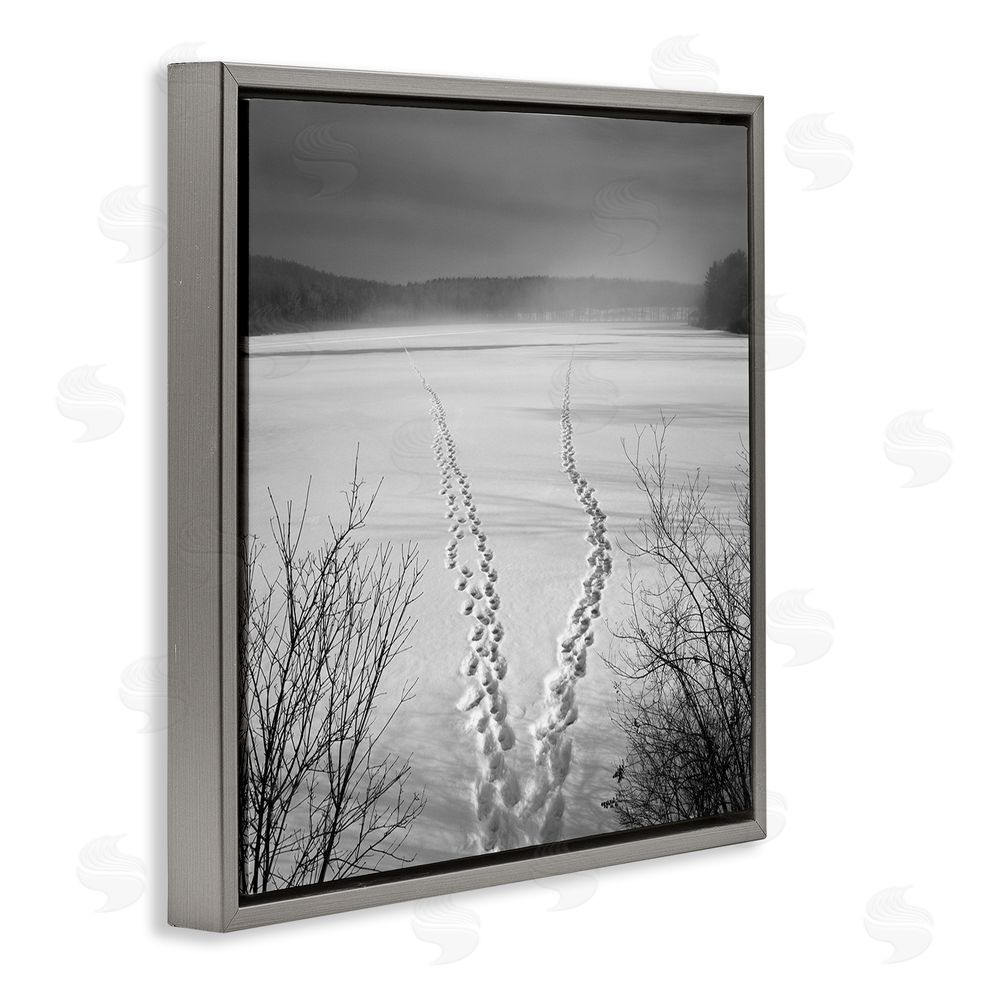 Chip Forelli Snowstep Tracks Across Frozen Lakes Gray Floating Framed Canvas Wall Art Print