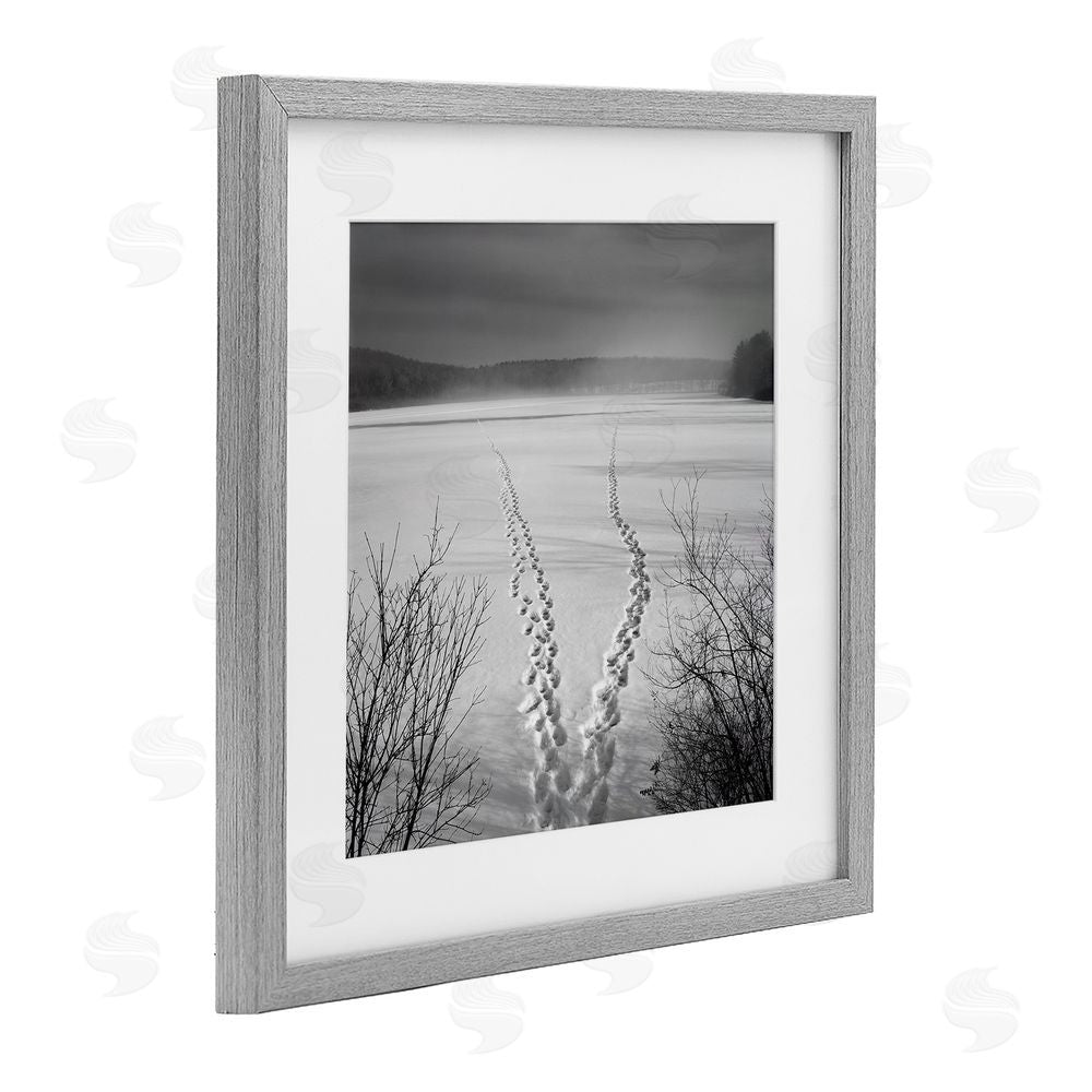 Chip Forelli Snowstep Tracks Across Frozen Lakes Gray Framed Print Under Glass with White Mat Wall Art