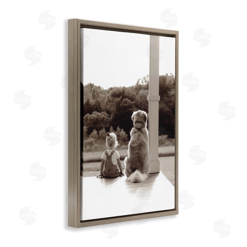 Kendra Dew Child And Dog Friendship Brown Floating Frame Canvas Wall Art Print