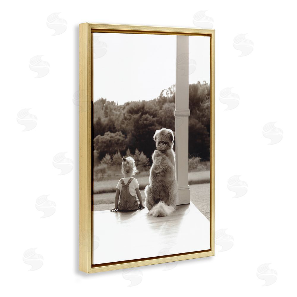 Kendra Dew Child And Dog Friendship Gold Floating Frame Canvas Wall Art Print