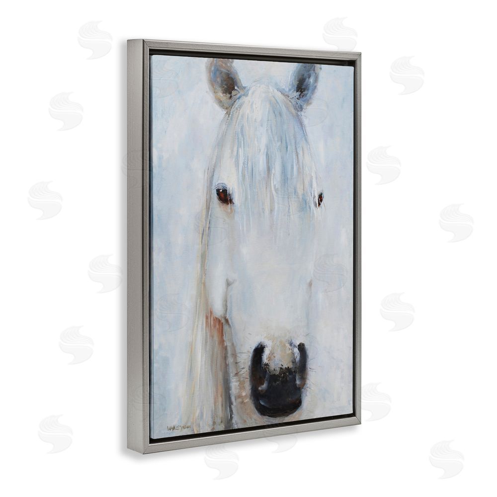 Jadei Graphics Pure White Horse Portrait Gray Floating Frame Canvas Wall Art Print