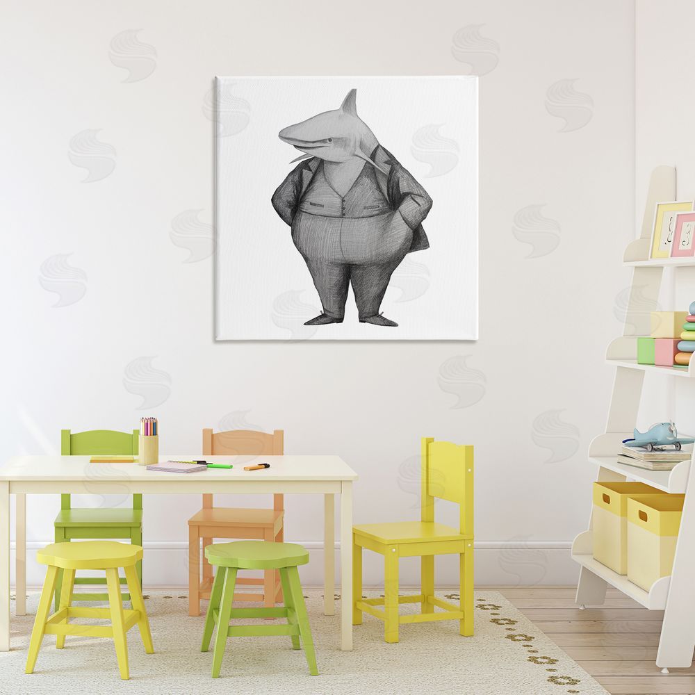 Violeta Vollmer Shark In Suit Drawing Stretched Canvas Wall Art in Room
