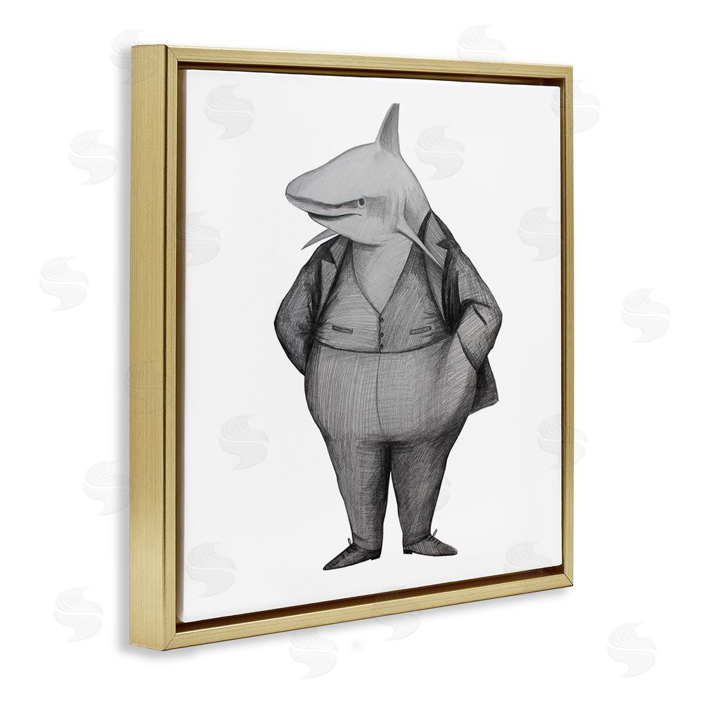 Violeta Vollmer Shark In Suit Drawing Gold Floating Frame Canvas Wall Art Print