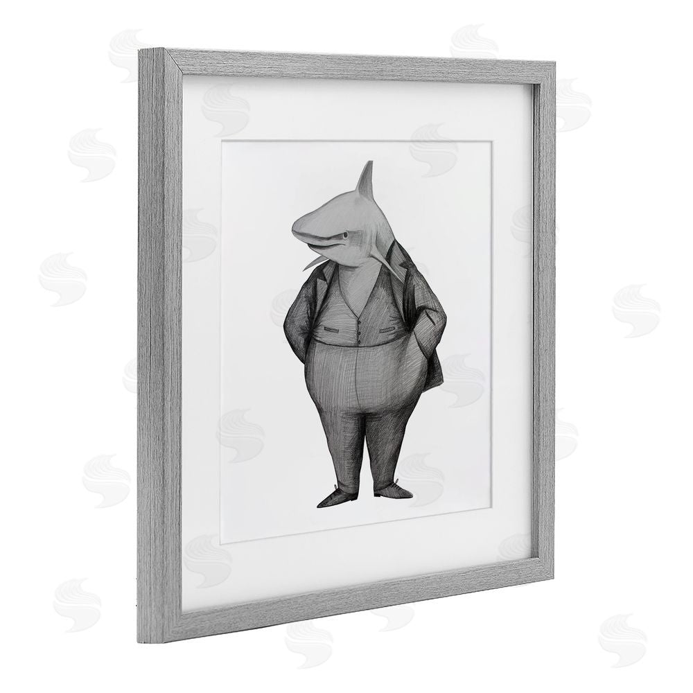Violeta Vollmer Shark In Suit Drawing Gray Framed Print Under Glass Wall Art