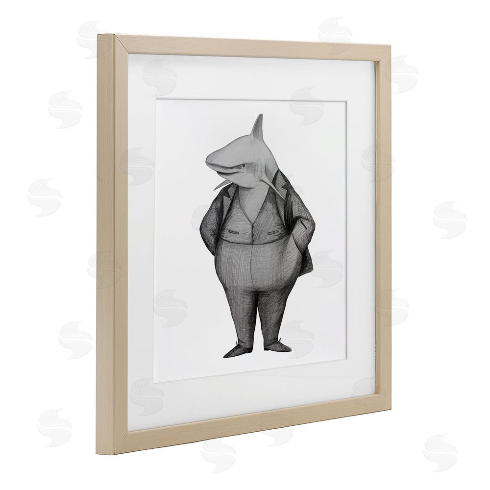 Violeta Vollmer Shark In Suit Drawing Brown Framed Print Under Glass Wall Art