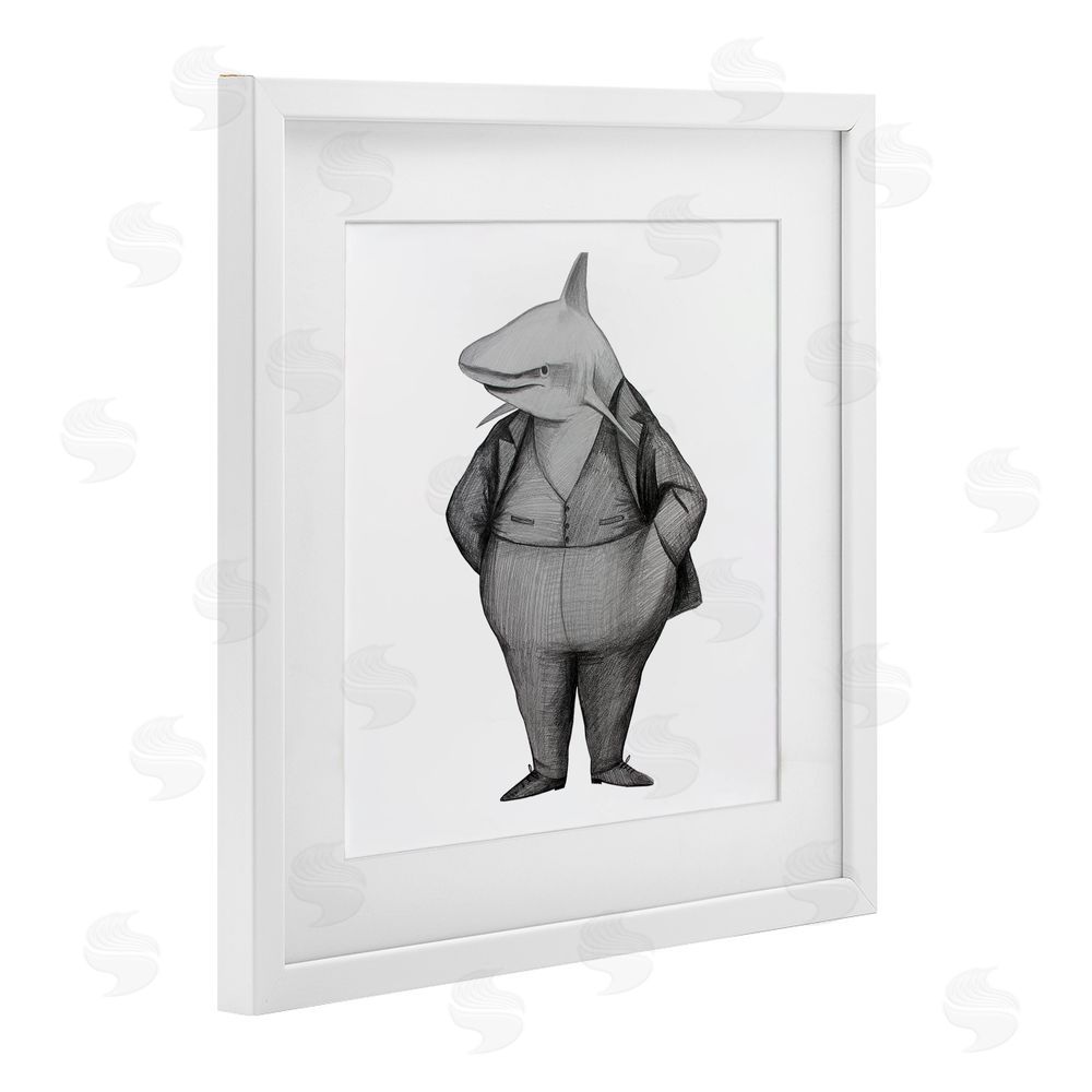 Violeta Vollmer Shark In Suit Drawing White Framed Print Under Glass Wall Art