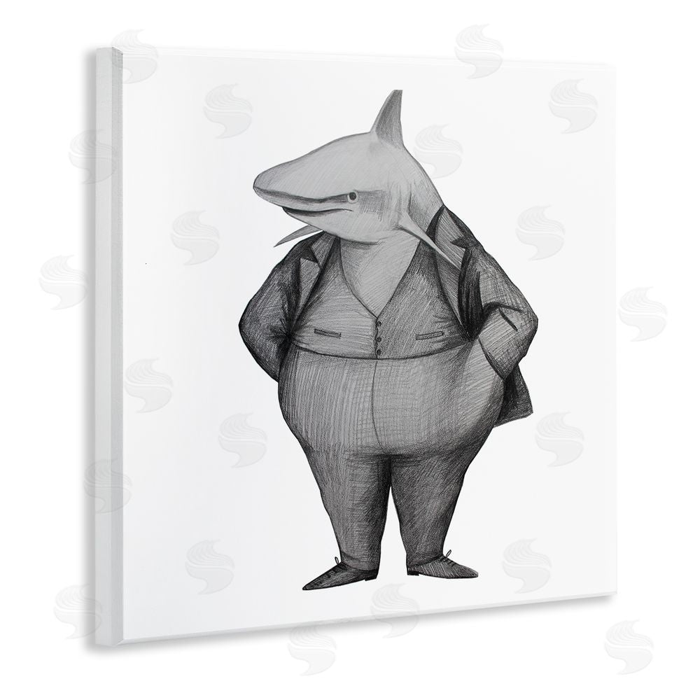 Violeta Vollmer Shark In Suit Drawing Wooden Wall Plaque Art Print