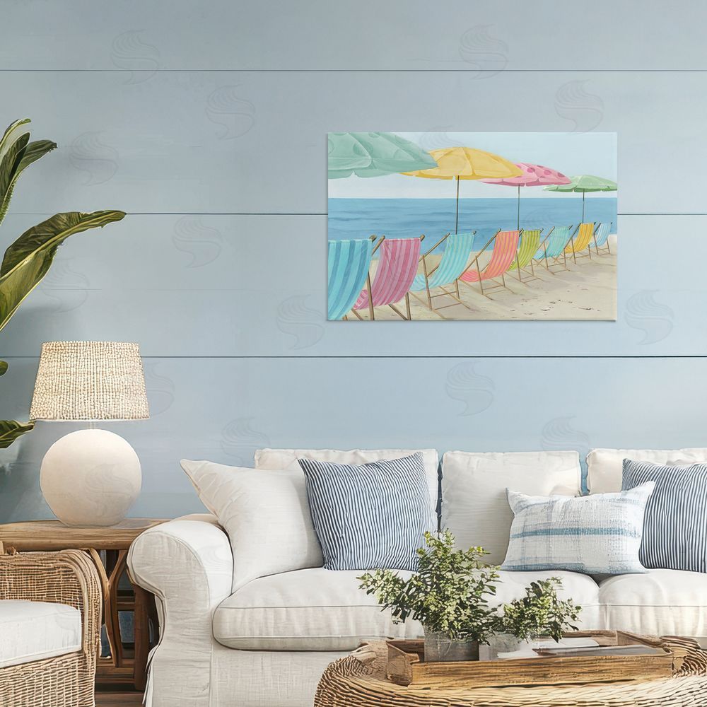Lorenzo Collective Beach Chairs Lineup & Umbrellas Stretched Canvas Wall Art in Room
