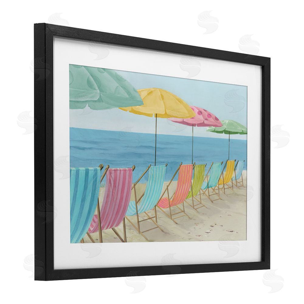 Lorenzo Collective Beach Chairs Lineup & Umbrellas Black Framed Print Under Glass Wall Art
