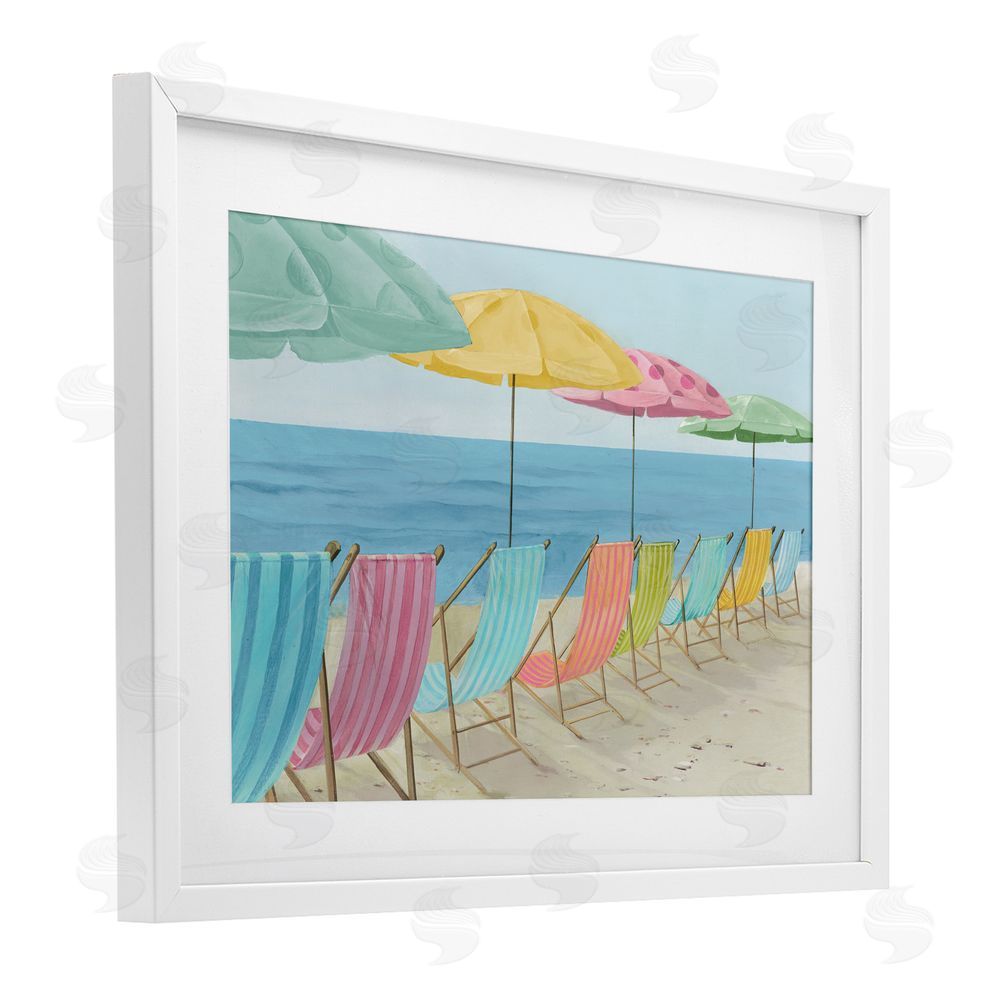 Lorenzo Collective Beach Chairs Lineup & Umbrellas White Framed Print Under Glass Wall Art