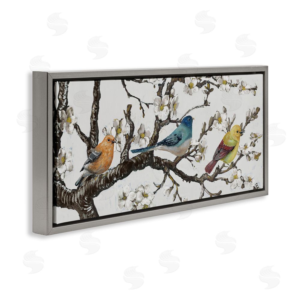 Lorenzo Collective Birds on Cherry Blossom Branch Gray Floating Frame Canvas Wall Art Print