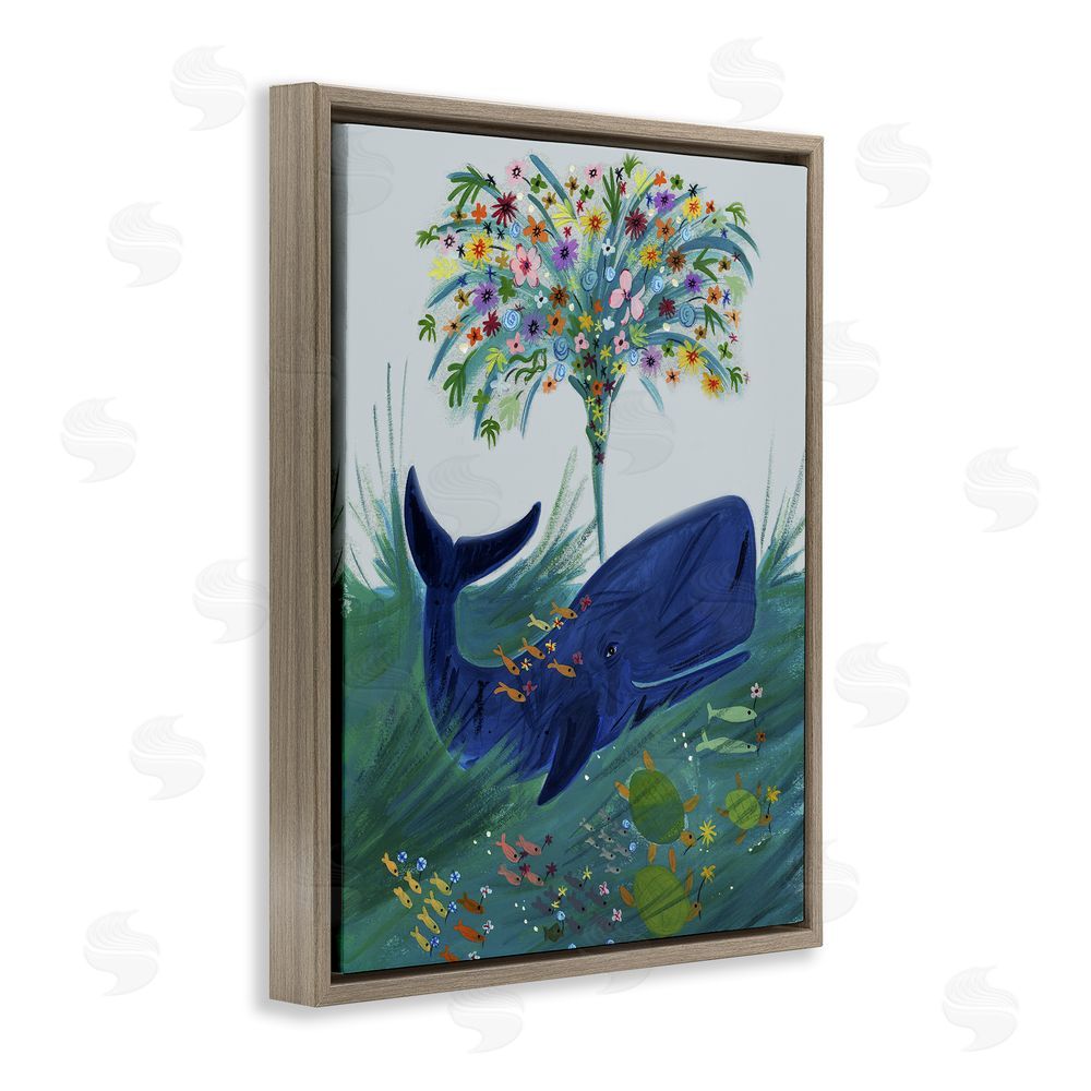 Kay Widdowson A Flowery Whale Brown Floating Frame Canvas Wall Art Print