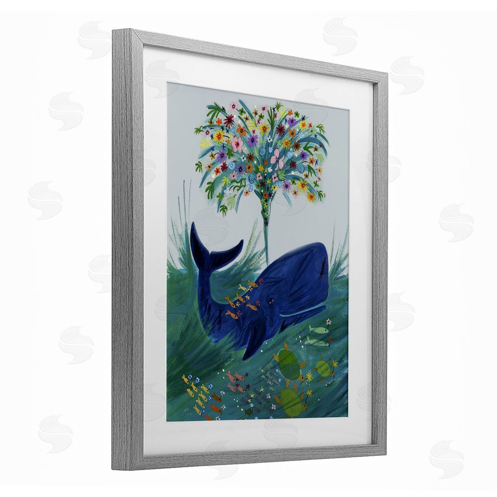 Kay Widdowson A Flowery Whale Gray Framed Print Under Glass Wall Art