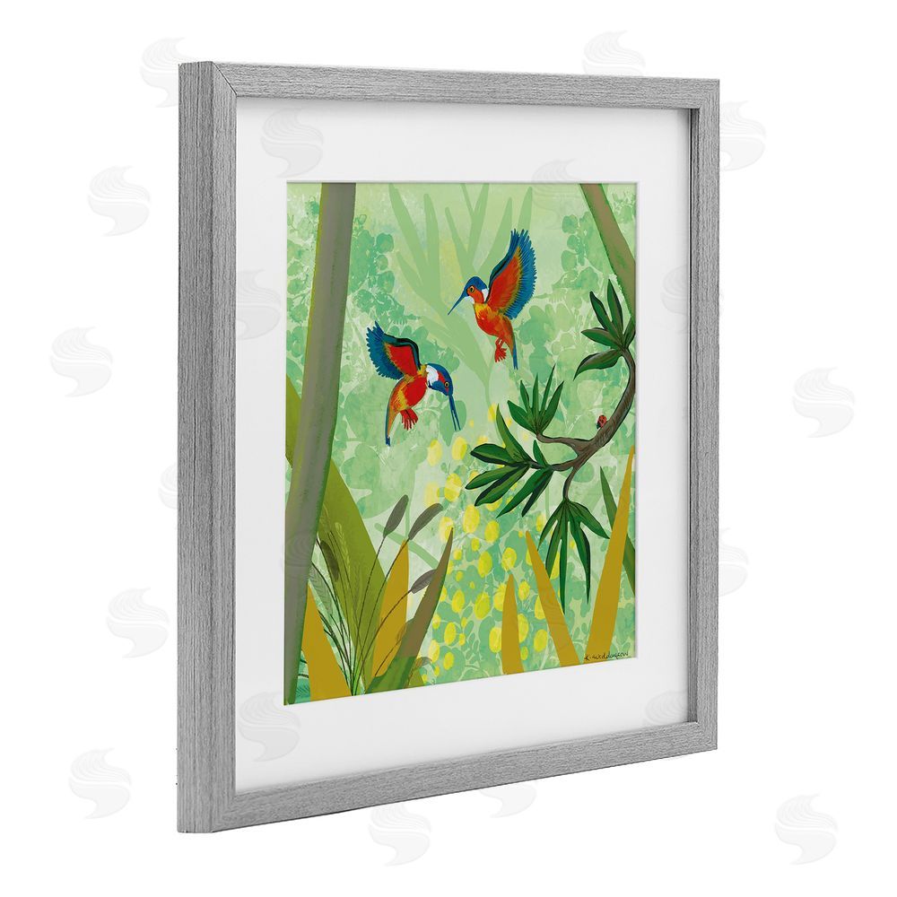 Kay Widdowson Kingfishers in Jungle Branches Gray Framed Print Under Glass Wall Art