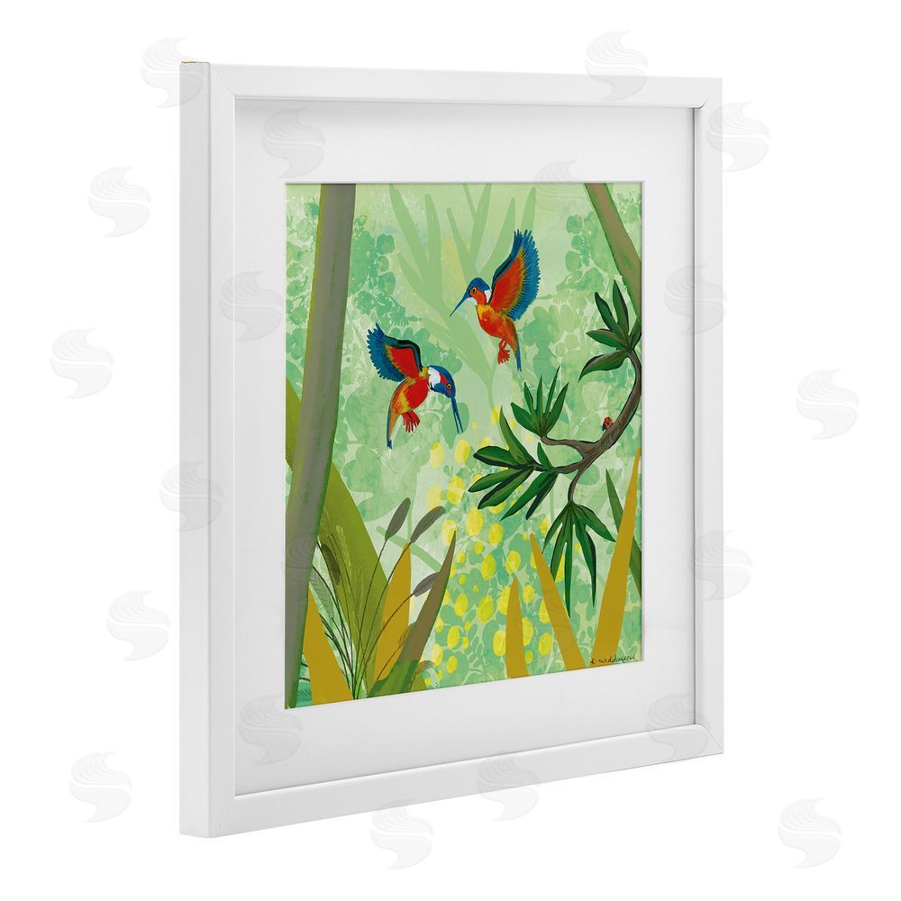 Kay Widdowson Kingfishers in Jungle Branches White Framed Print Under Glass Wall Art